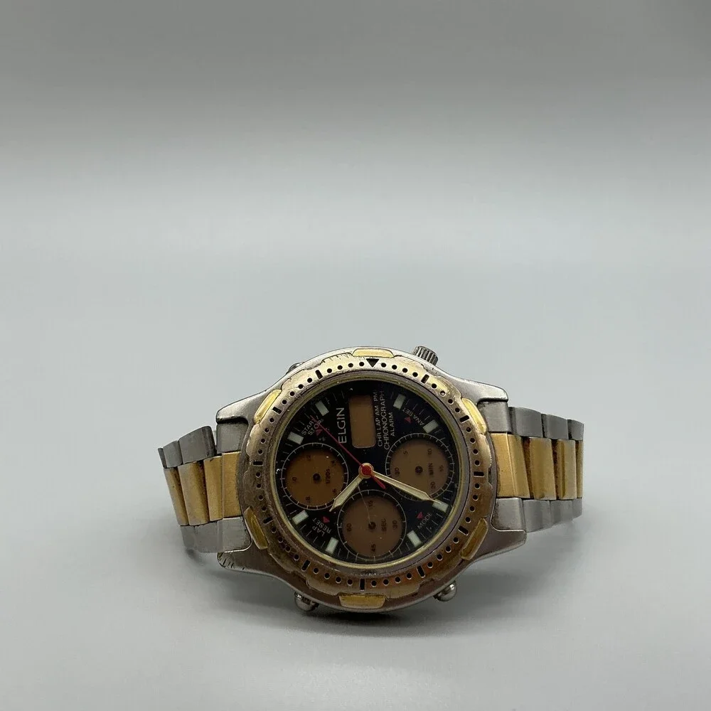 Elgin Mens Watch 40mm Black Gold Dial Chronograph NOT RUNNING FOR PARTS